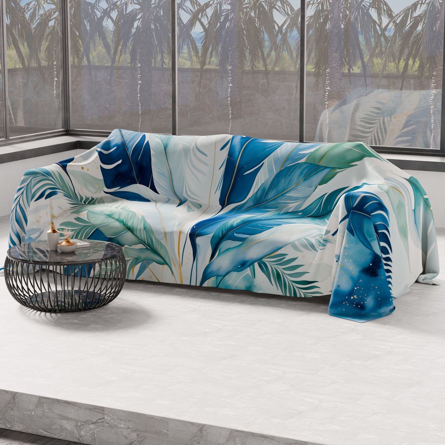 Telo Arredo Copridivano, Copriletto, Copritavolo e Copritutto in Microfibra | Fantasia Palmwater Blu