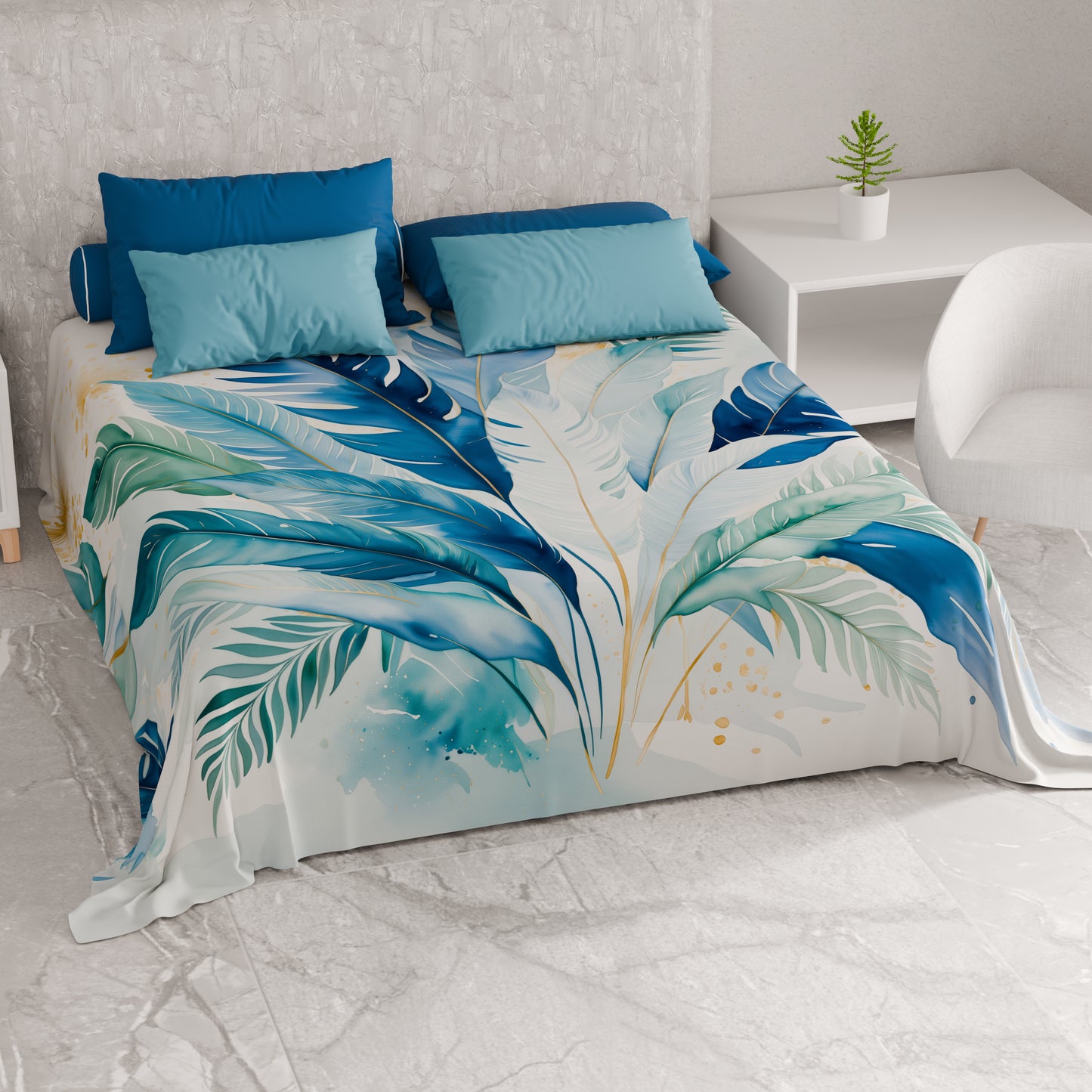 Telo Arredo Copridivano, Copriletto, Copritavolo e Copritutto in Microfibra | Fantasia Palmwater Blu