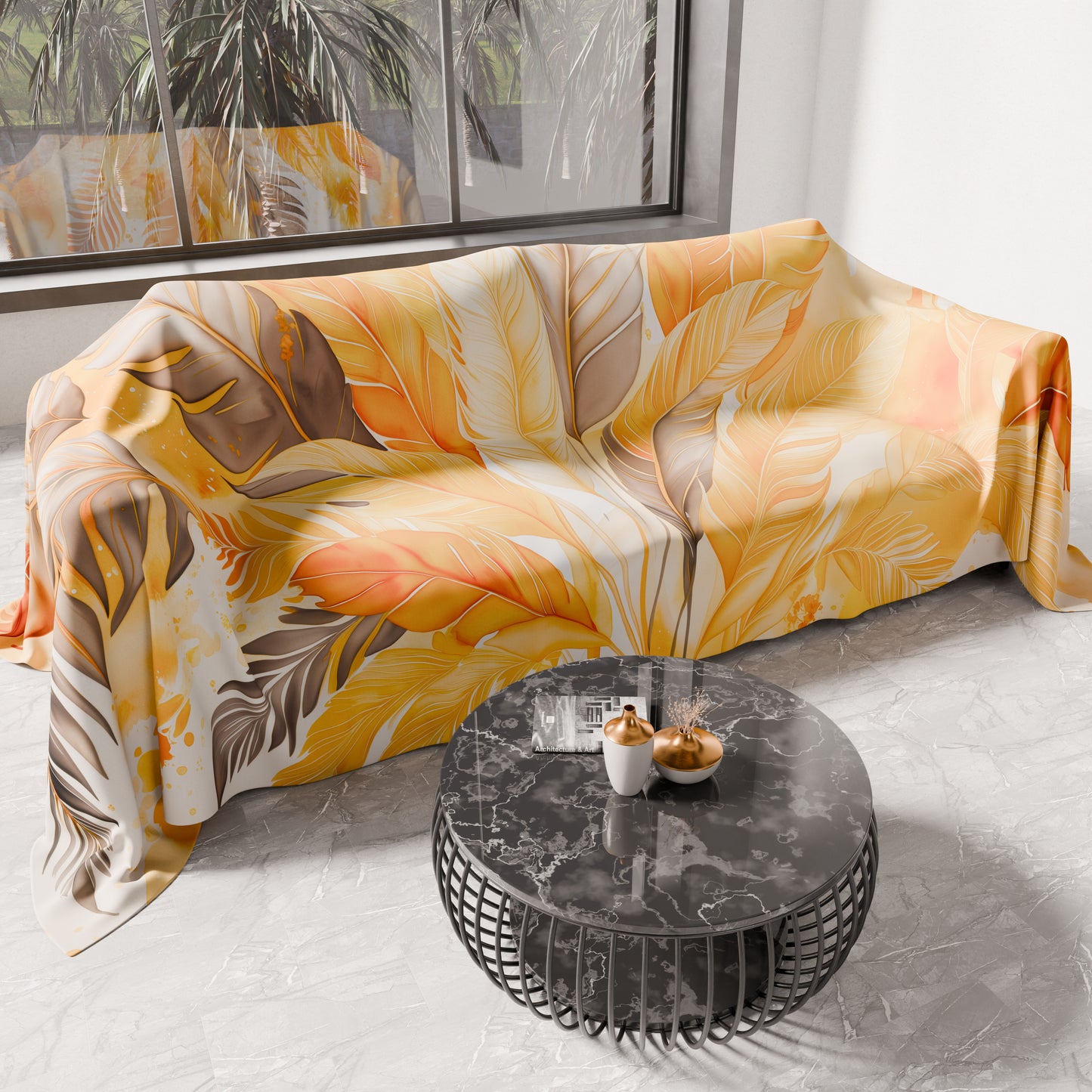 Drap housse pour canapé, couvre-lit, nappe et tout usage en microfibre | Motif Palmwater Jaune