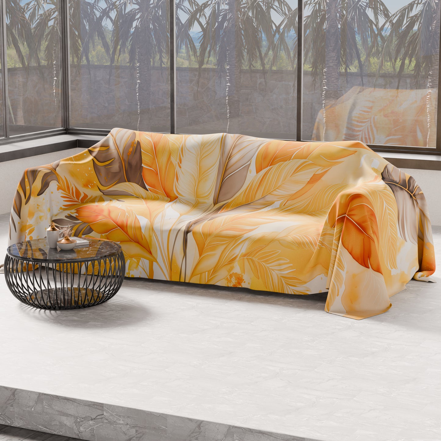 Drap housse pour canapé, couvre-lit, nappe et tout usage en microfibre | Motif Palmwater Jaune