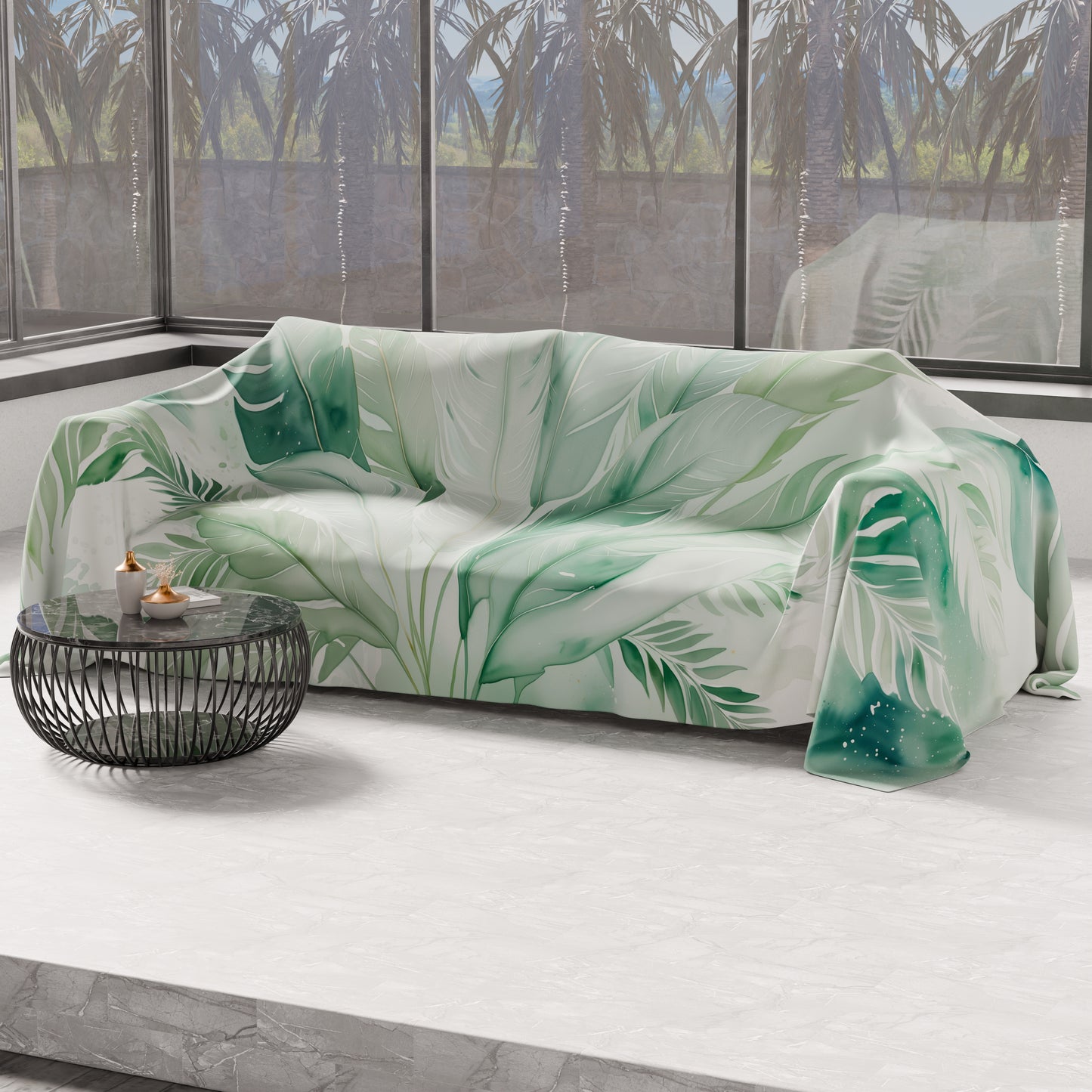 Telo Arredo Copridivano, Copriletto, Copritavolo e Copritutto in Microfibra | Fantasia Palmwater Salvia