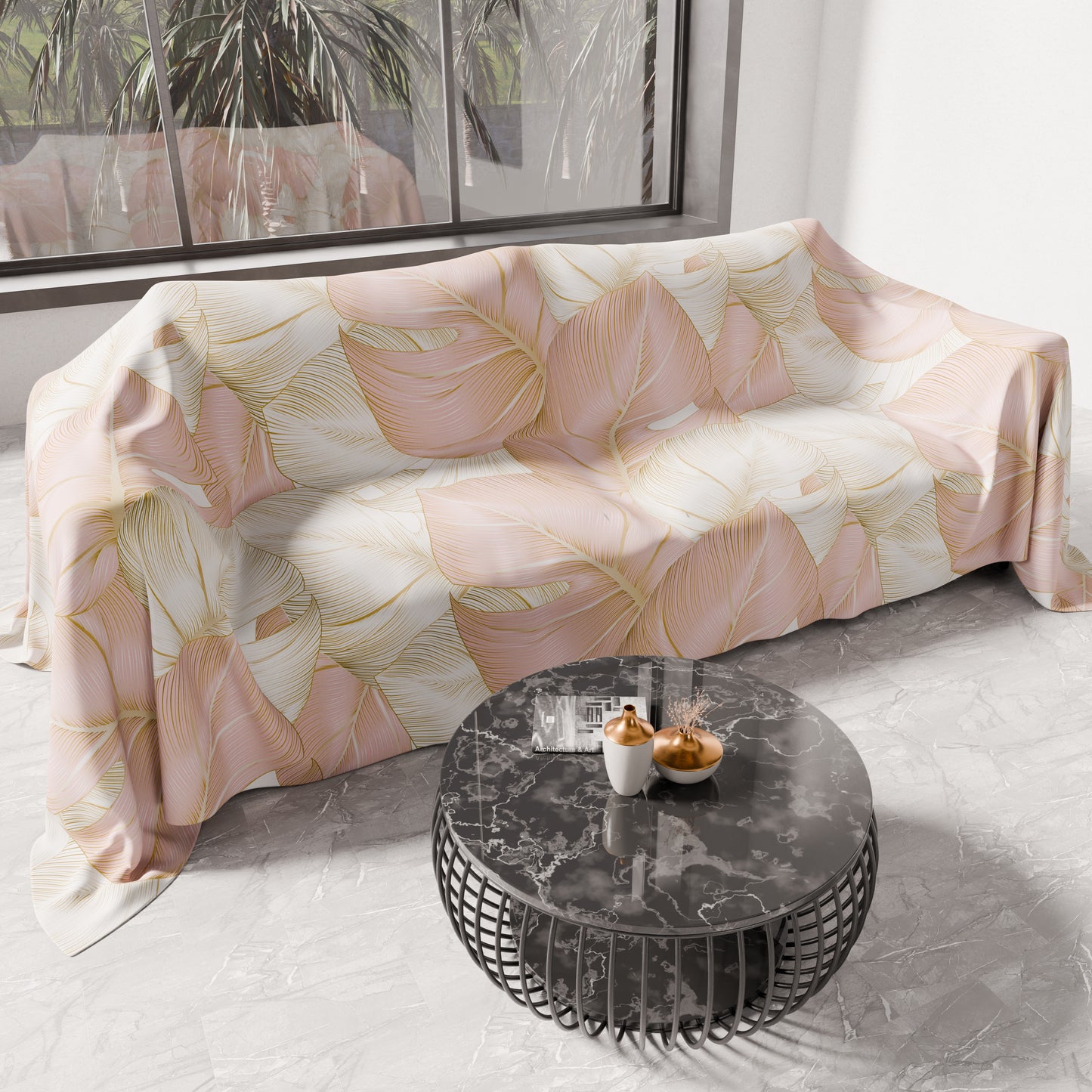 Telo Arredo Copridivano, Copriletto, Copritavolo e Copritutto in Microfibra | Fantasia Tropical Cipria e Oro