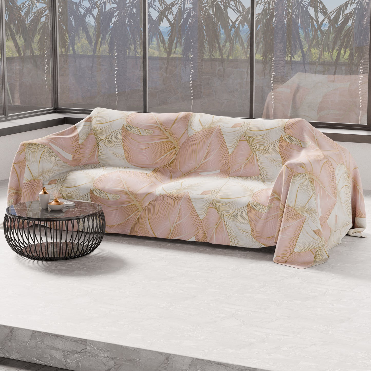 Telo Arredo Copridivano, Copriletto, Copritavolo e Copritutto in Microfibra | Fantasia Tropical Cipria e Oro