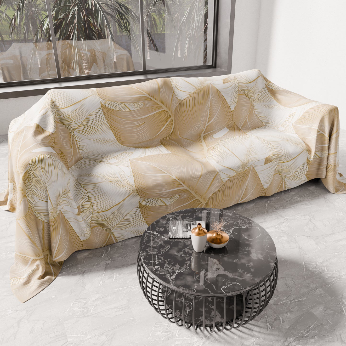 Telo Arredo Copridivano, Copriletto, Copritavolo e Copritutto in Microfibra | Fantasia Tropical Tortora e Oro