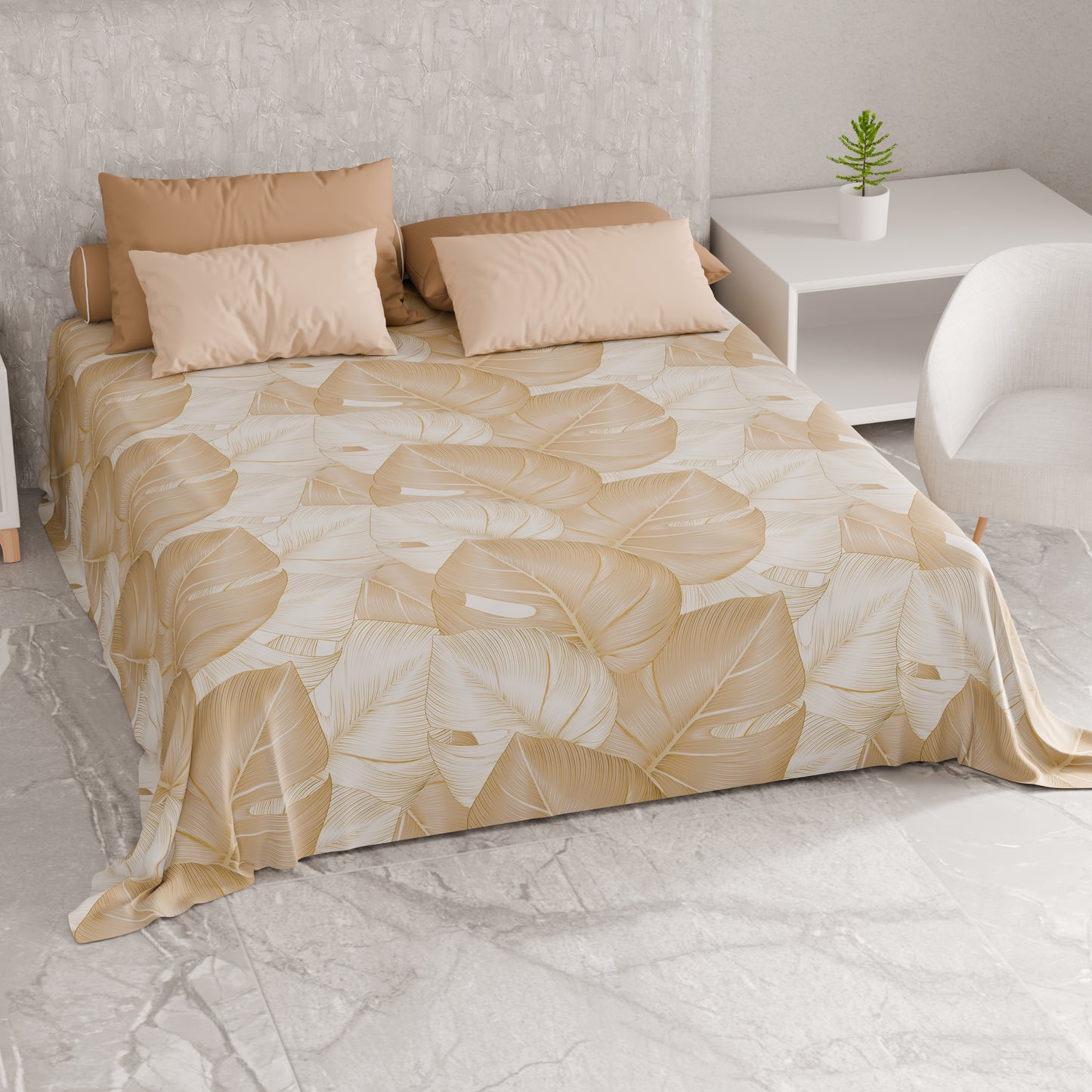 Telo Arredo Copridivano, Copriletto, Copritavolo e Copritutto in Microfibra | Fantasia Tropical Tortora e Oro