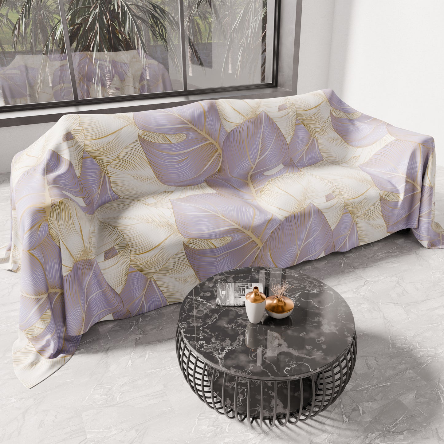 Telo Arredo Copridivano, Copriletto, Copritavolo e Copritutto in Microfibra | Fantasia Tropical Lilla e Oro