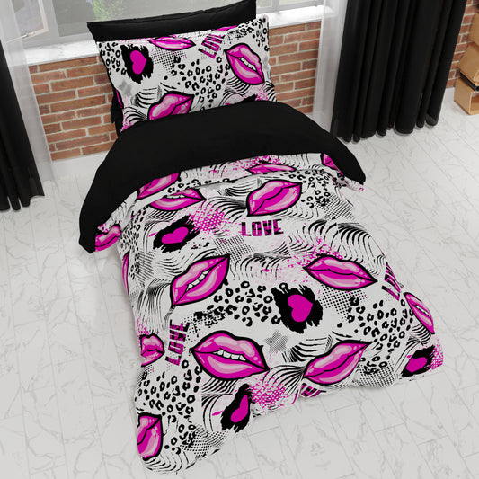 Housse de couette, housse de couette pour chambre d'enfant, simple et une place et demie, Rouge à lèvres blanc