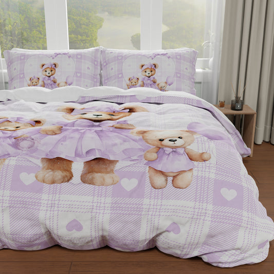 Housse de Couette Double, Simple, Une Place et Demie, Teddy Love Lilas