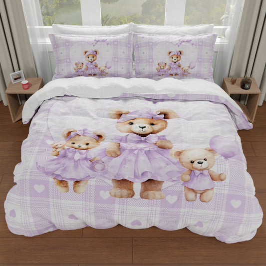 Housse de Couette Double, Simple, Une Place et Demie, Teddy Love Lilas