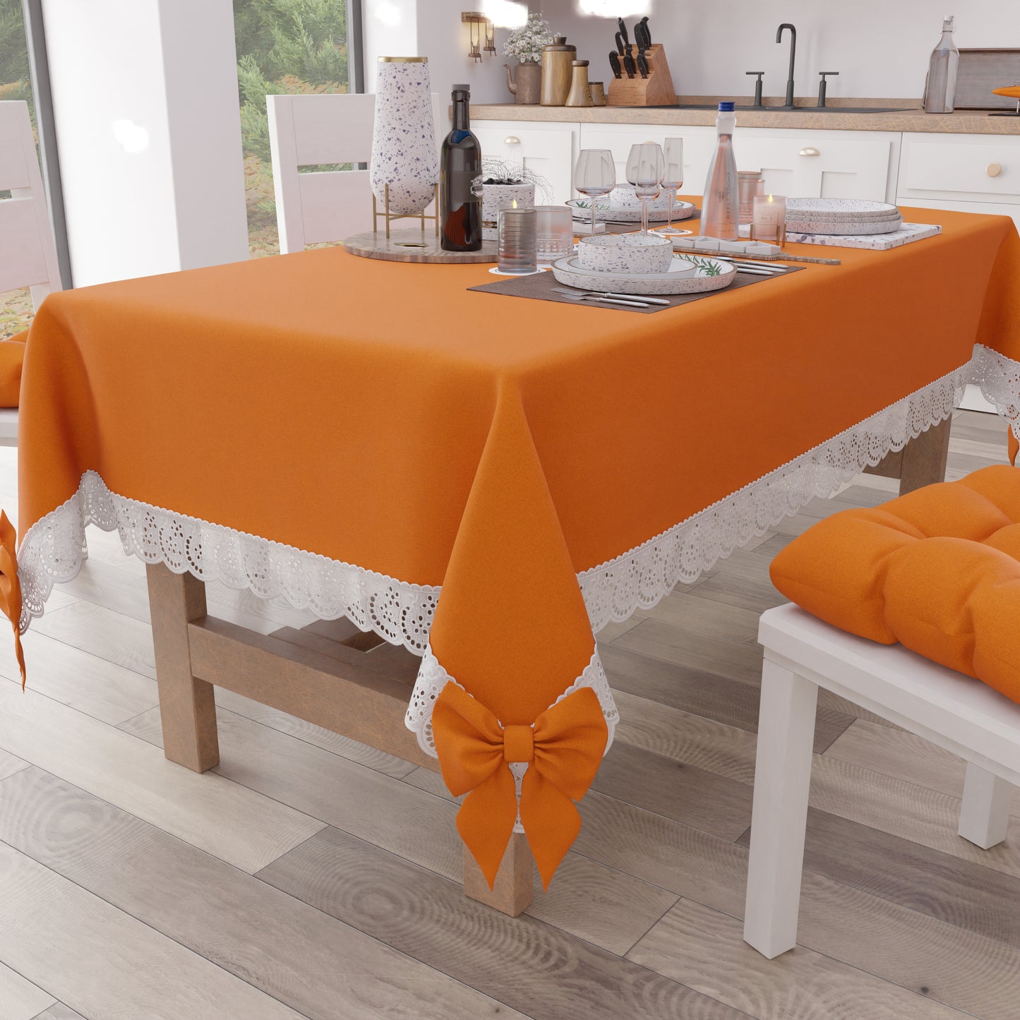 Tovaglia da Tavola Shabby Chic Copritavolo con Pizzo e Fiocchi  Arancio