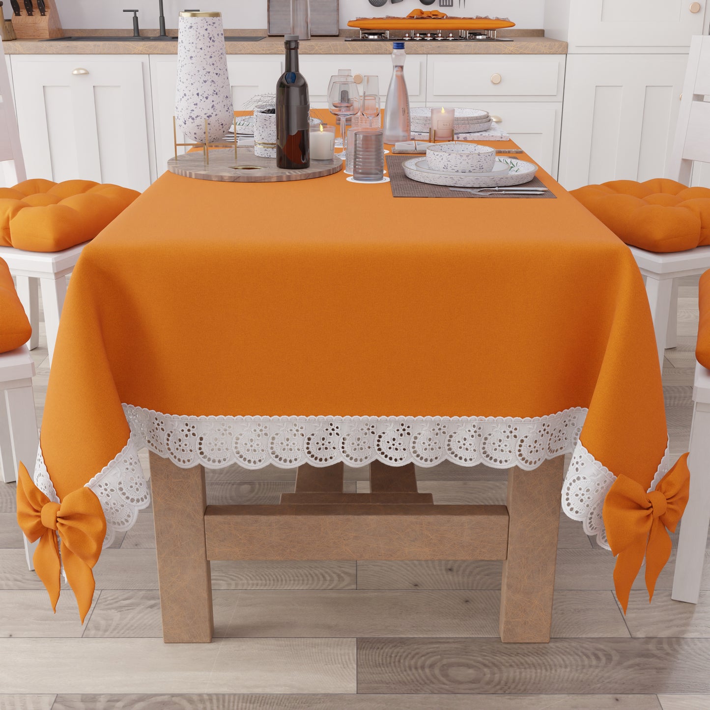 Tovaglia da Tavola Shabby Chic Copritavolo con Pizzo e Fiocchi  Arancio