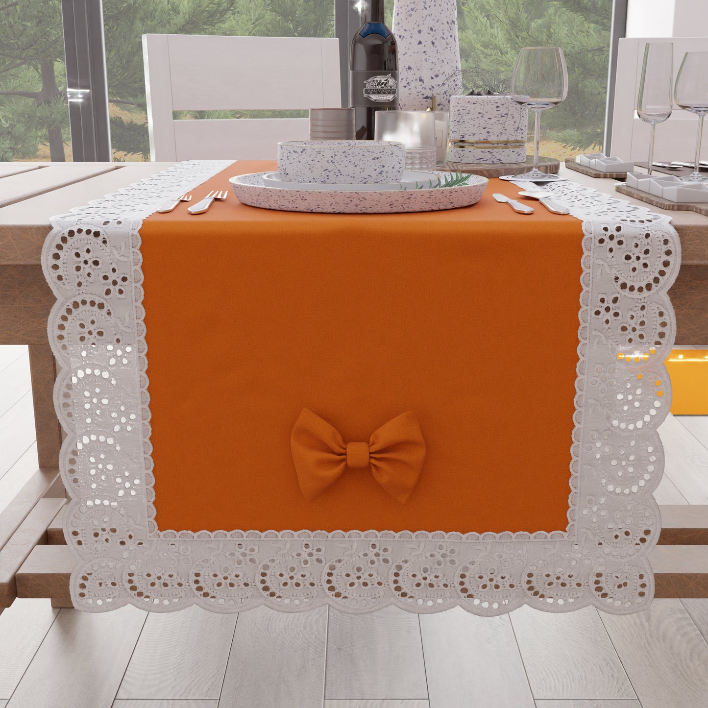 Runner da Tavolo Elegante Shabby Chic con Pizzo e Fiocchi Arancio