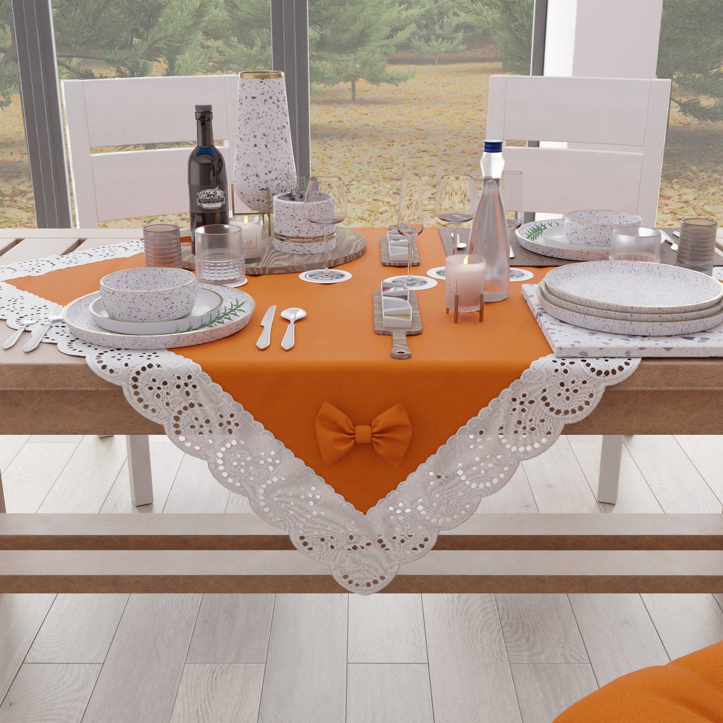 Centrotavola Cucina Elegante Shabby Chic con Pizzo e Fiocchi Arancio