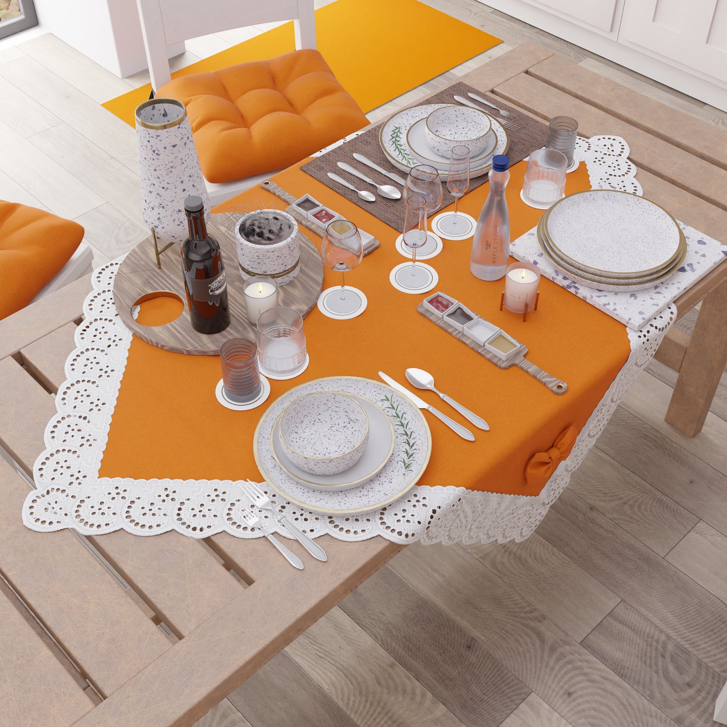 Centrotavola Cucina Elegante Shabby Chic con Pizzo e Fiocchi Arancio