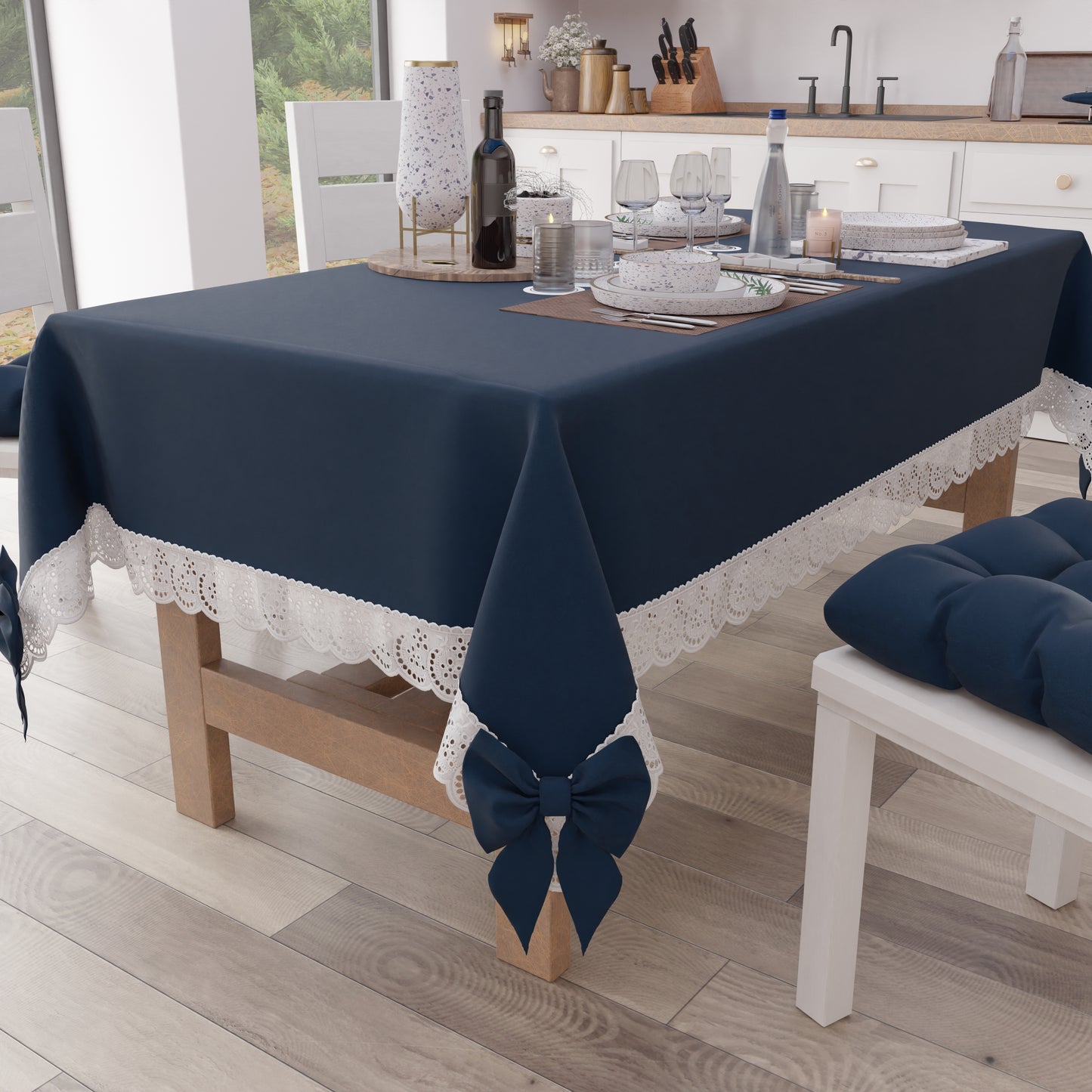 Tovaglia da Tavola Shabby Chic Copritavolo con Pizzo e Fiocchi  Blu Notte