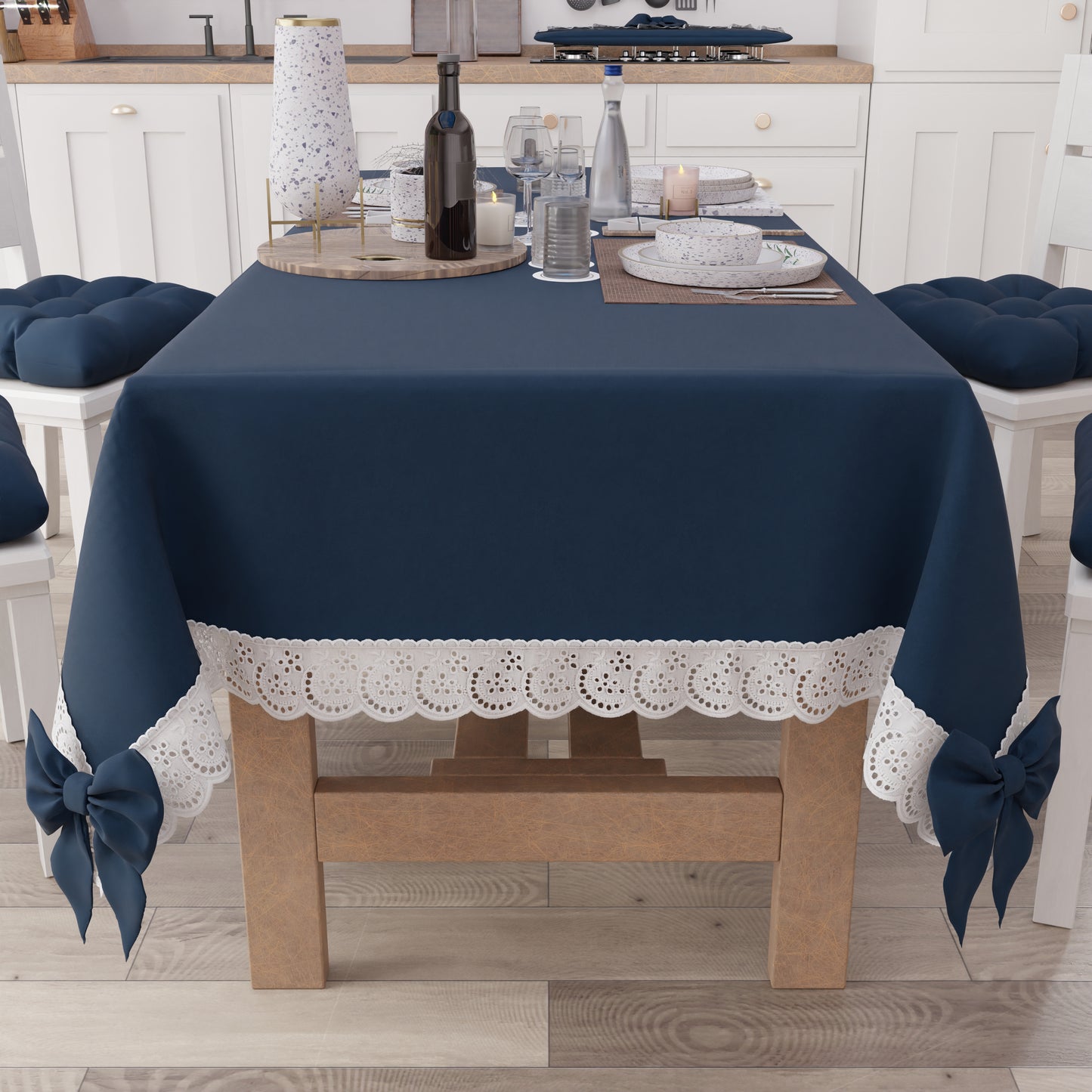 Tovaglia da Tavola Shabby Chic Copritavolo con Pizzo e Fiocchi  Blu Notte