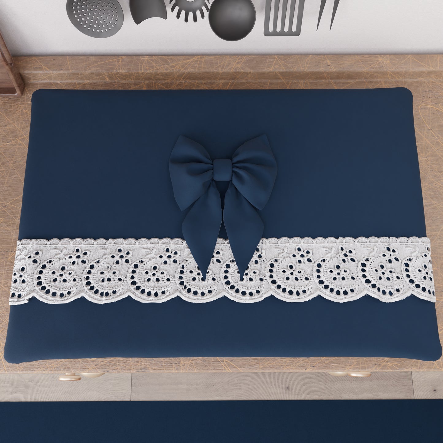 Coprifornello Coprifuochi Shabby Chic con Pizzo e Fiocco Blu Notte