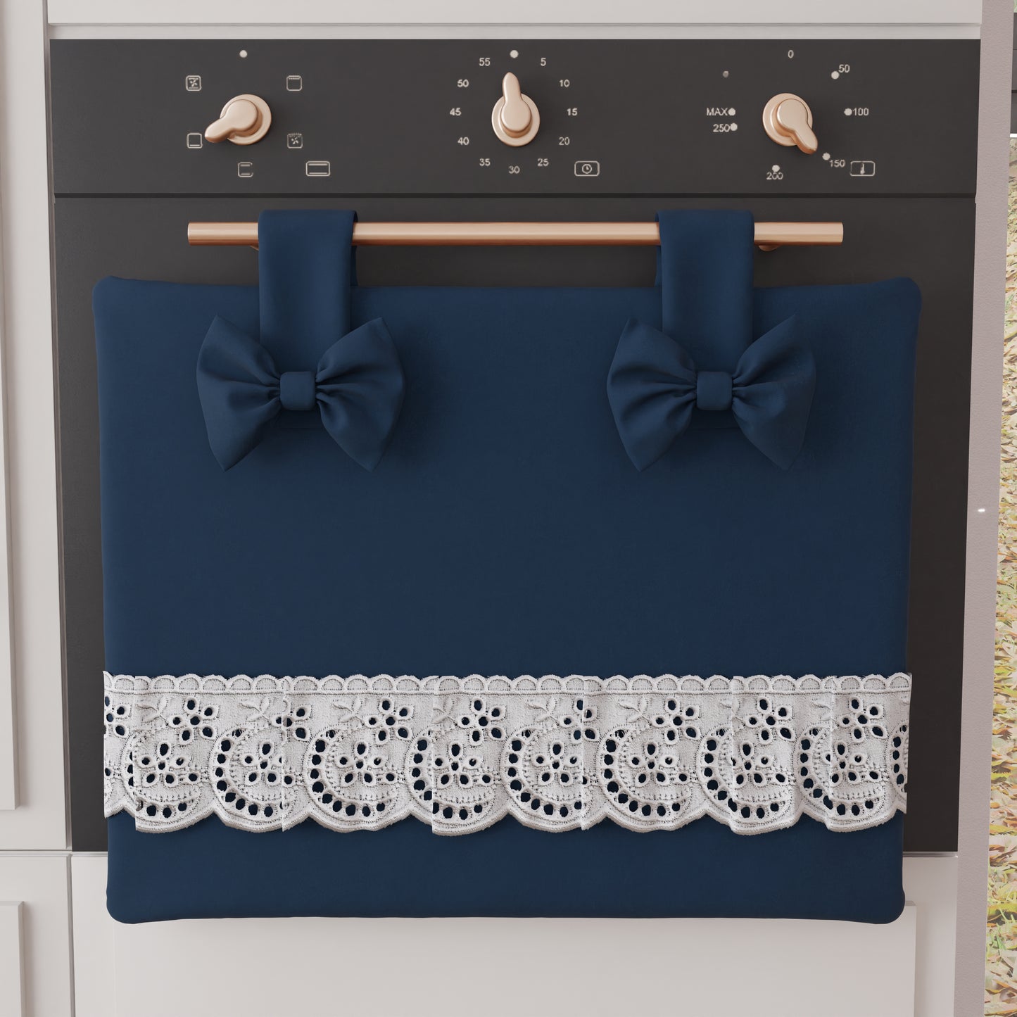 Copriforno Elegante Shabby Chic con Pizzo e Fiocchi Blu Notte