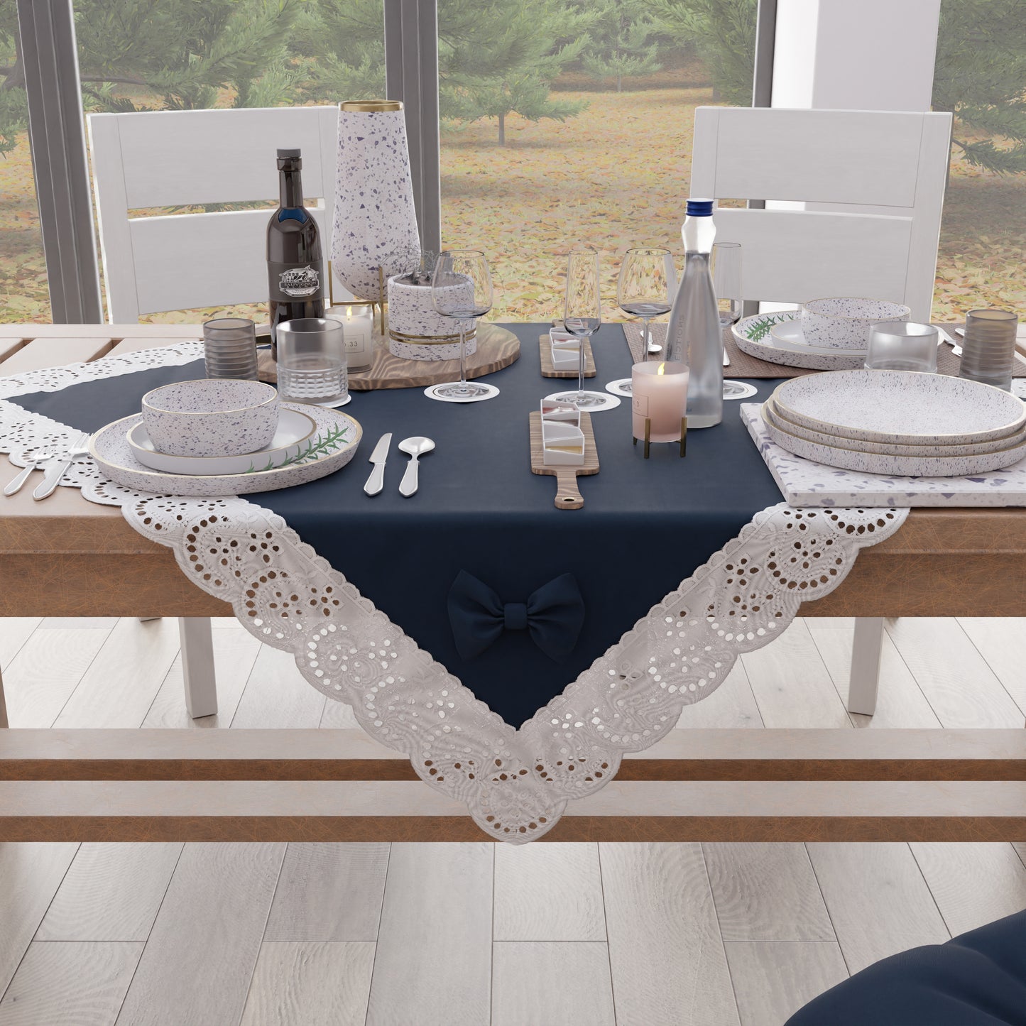 Centrotavola Cucina Elegante Shabby Chic con Pizzo e Fiocchi Blu Notte