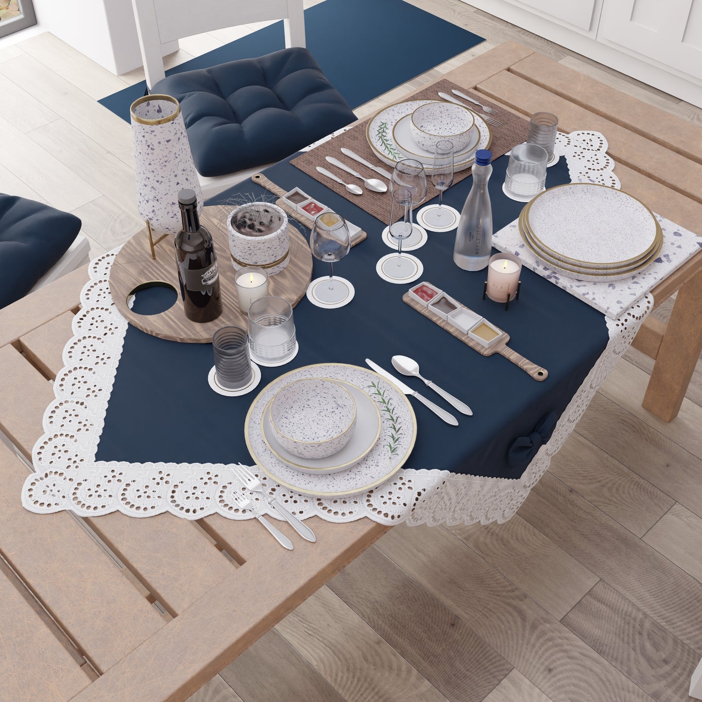 Centrotavola Cucina Elegante Shabby Chic con Pizzo e Fiocchi Blu Notte