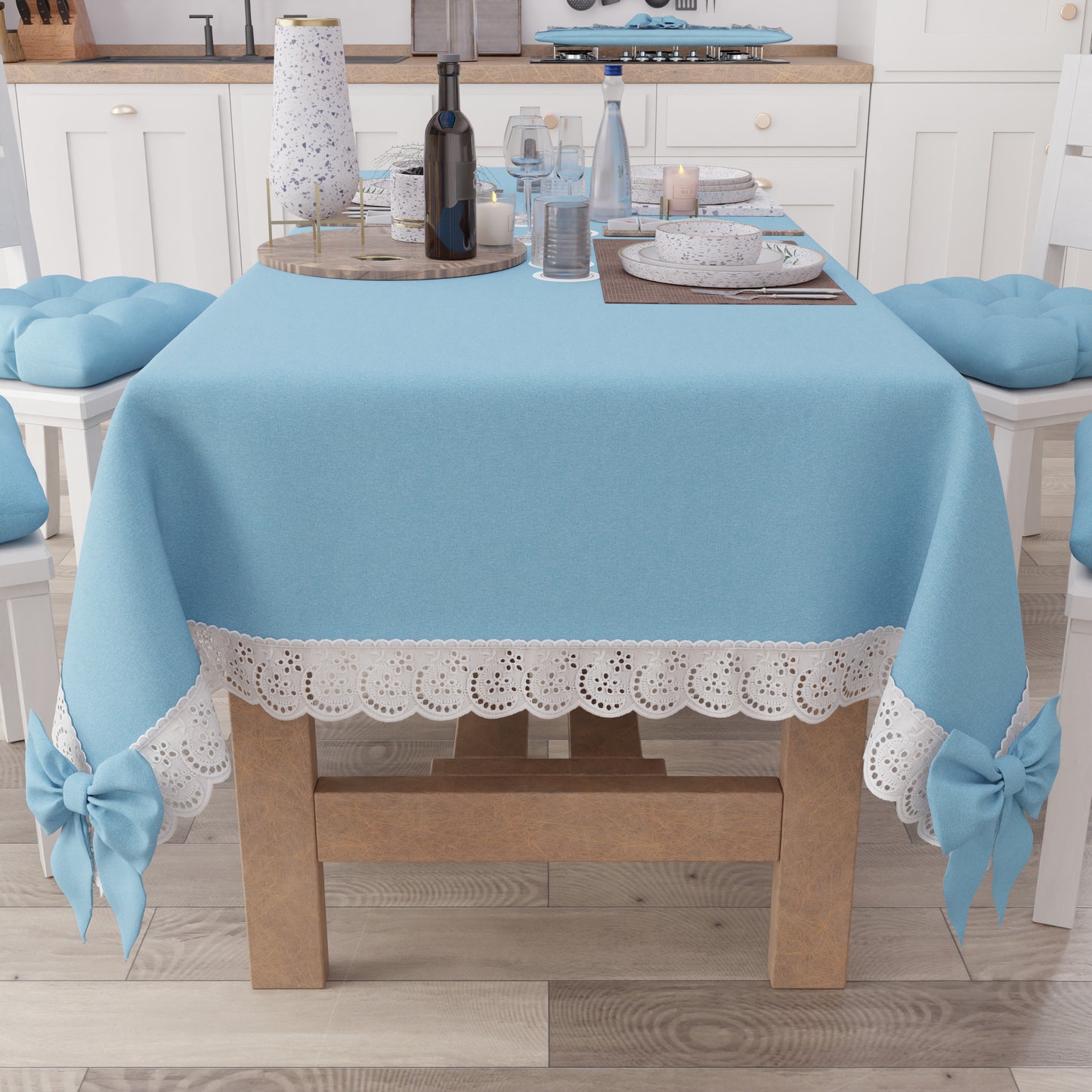 Tovaglia da Tavola Shabby Chic Copritavolo con Pizzo e Fiocchi Celeste