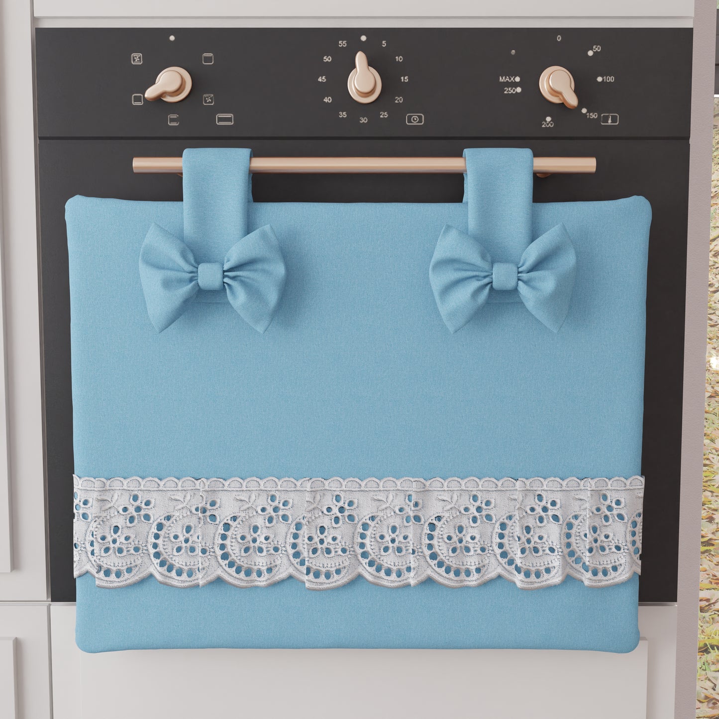 Copriforno Elegante Shabby Chic con Pizzo e Fiocchi Celeste