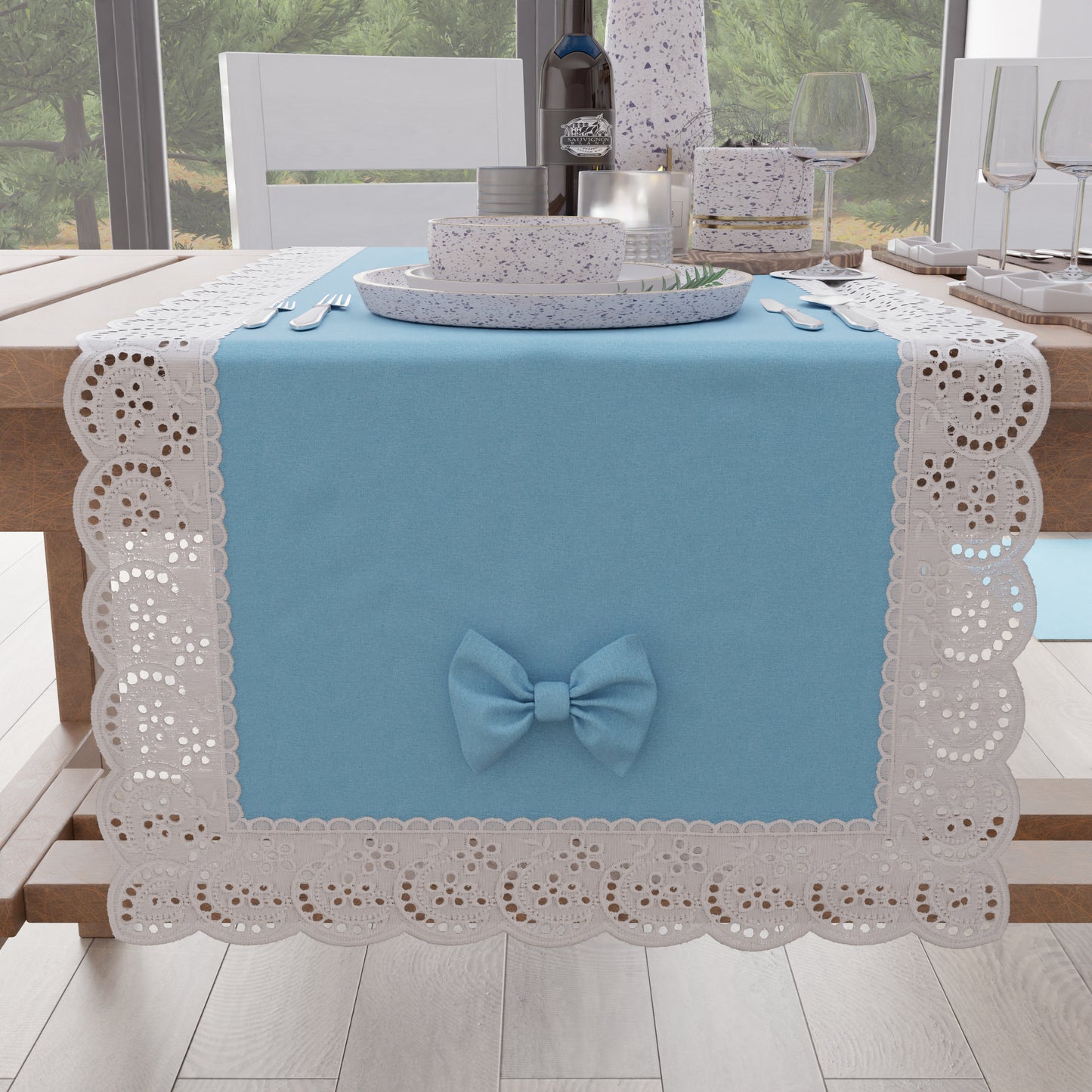 Runner da Tavolo Elegante Shabby Chic con Pizzo e Fiocchi Celeste