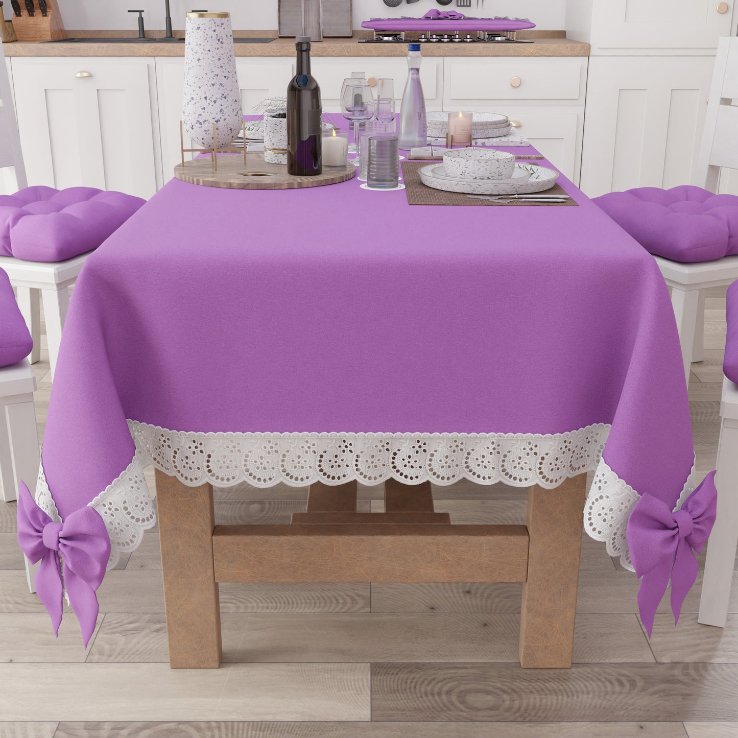 Tovaglia da Tavola Shabby Chic Copritavolo con Pizzo e Fiocchi Lilla