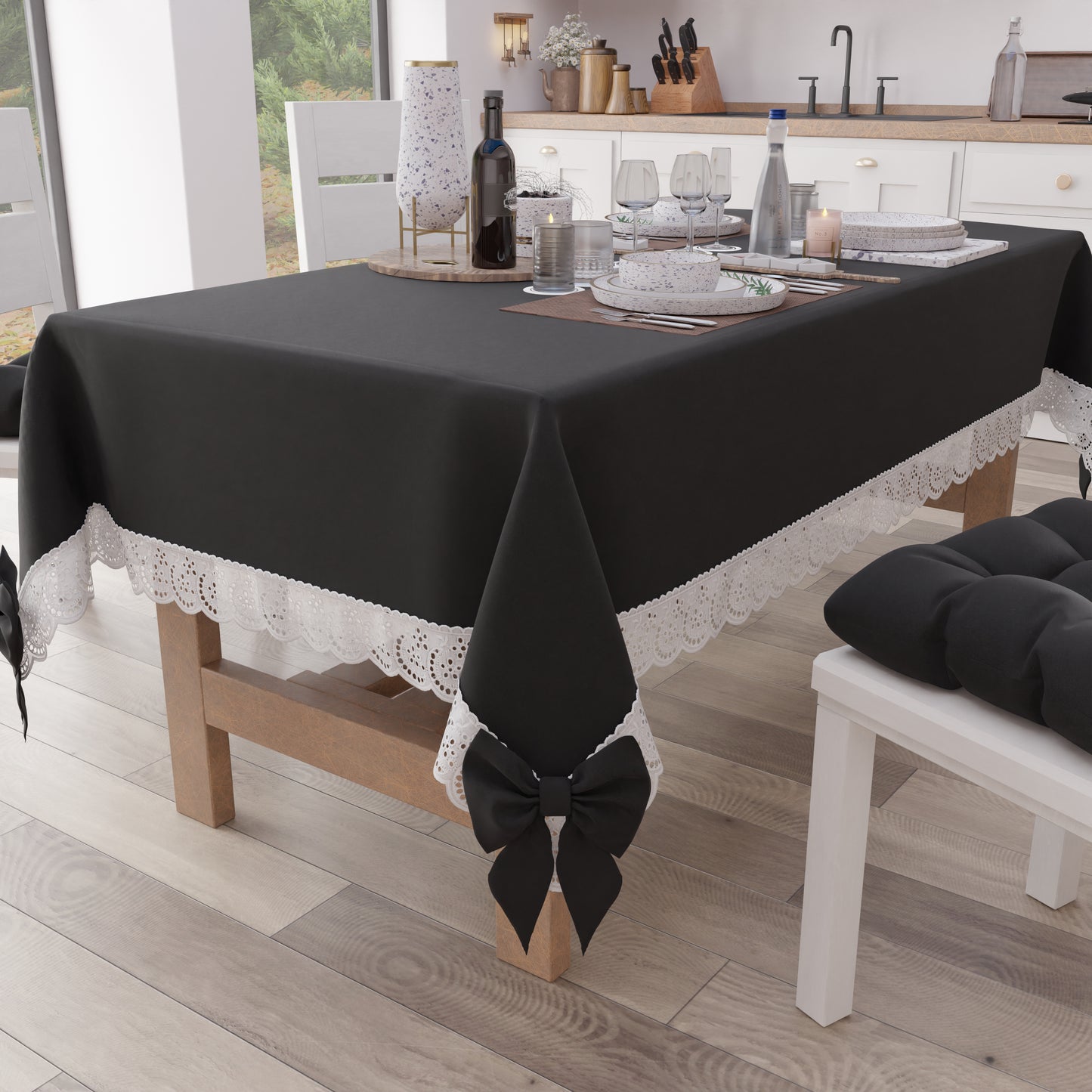 Tovaglia da Tavola Shabby Chic Copritavolo con Pizzo e Fiocchi Nero