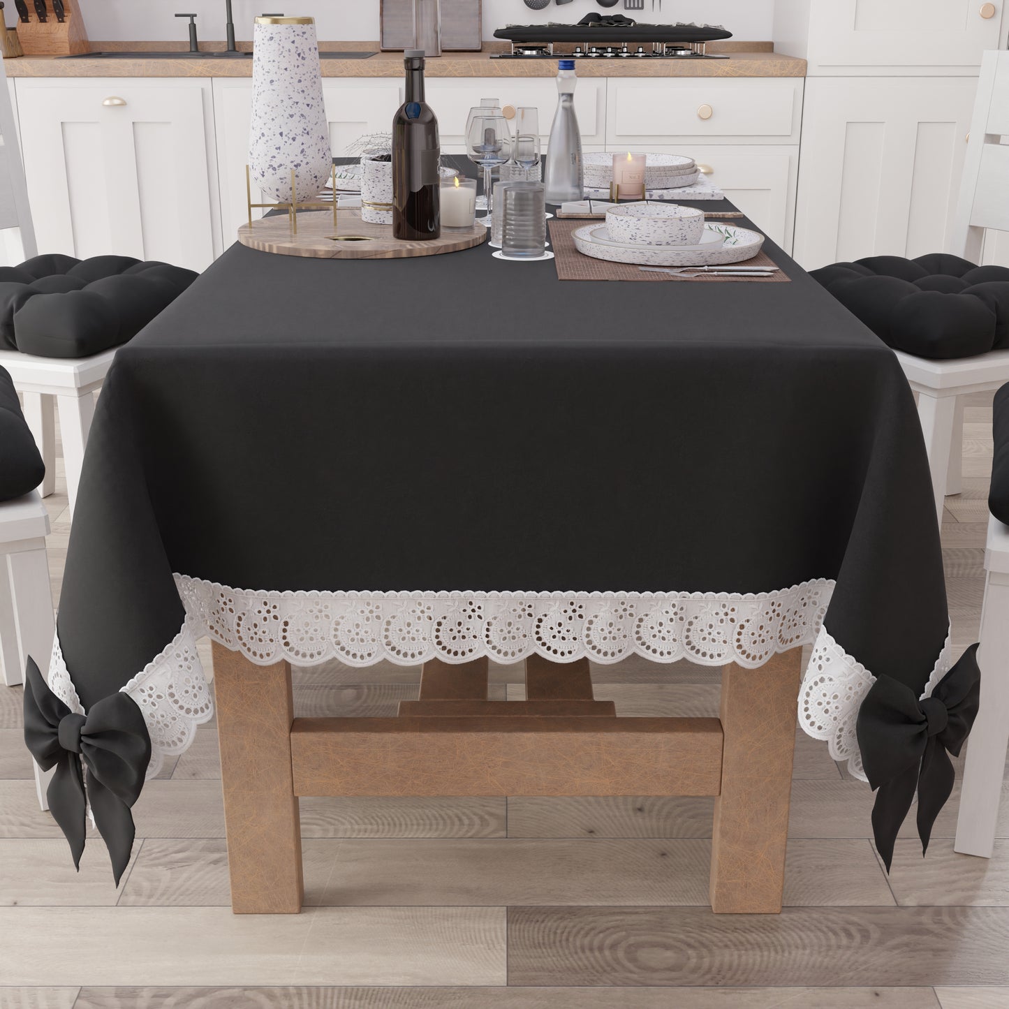 Tovaglia da Tavola Shabby Chic Copritavolo con Pizzo e Fiocchi Nero