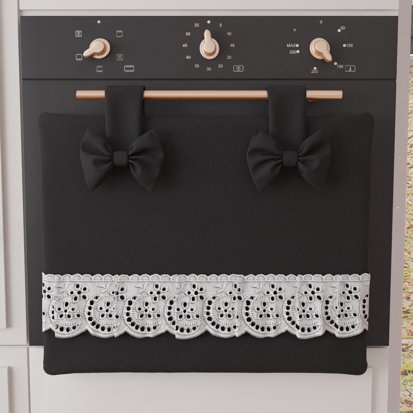 Copriforno Elegante Shabby Chic con Pizzo e Fiocchi Nero