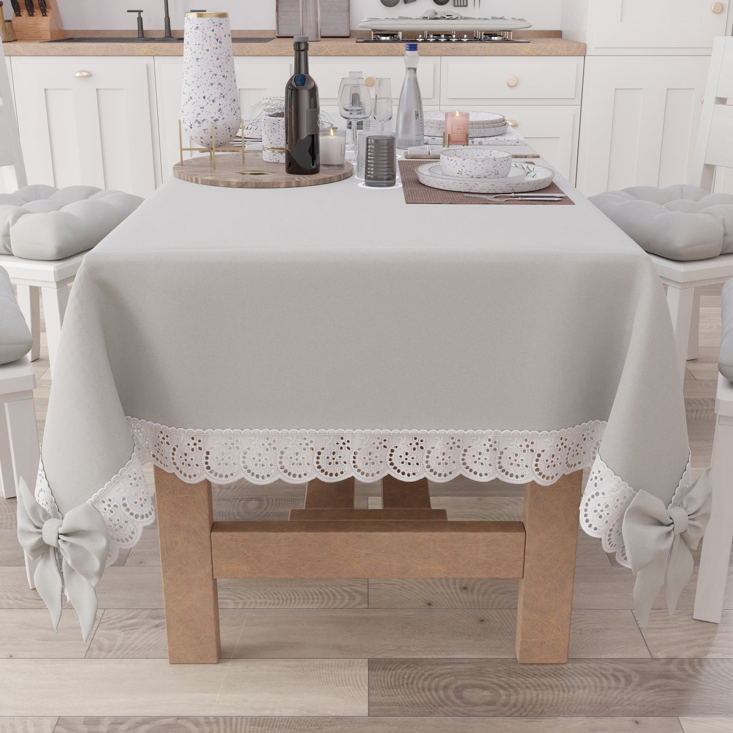 Shabby Chic Tablecloth Table Cover with Lace and Light Gray Bows 