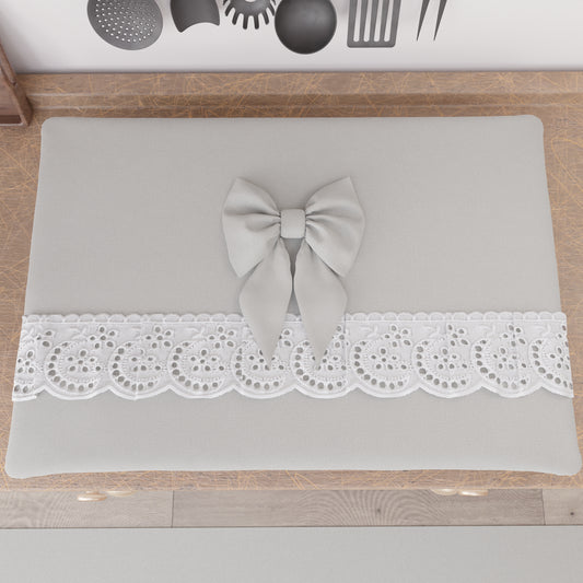 Shabby Chic Stove Cover with Lace and Light Gray Bow 