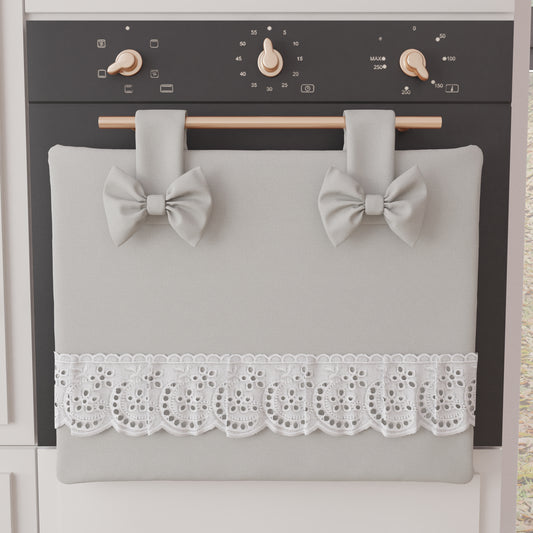 Elegant Shabby Chic Oven Cover with Lace and Light Gray Bows 