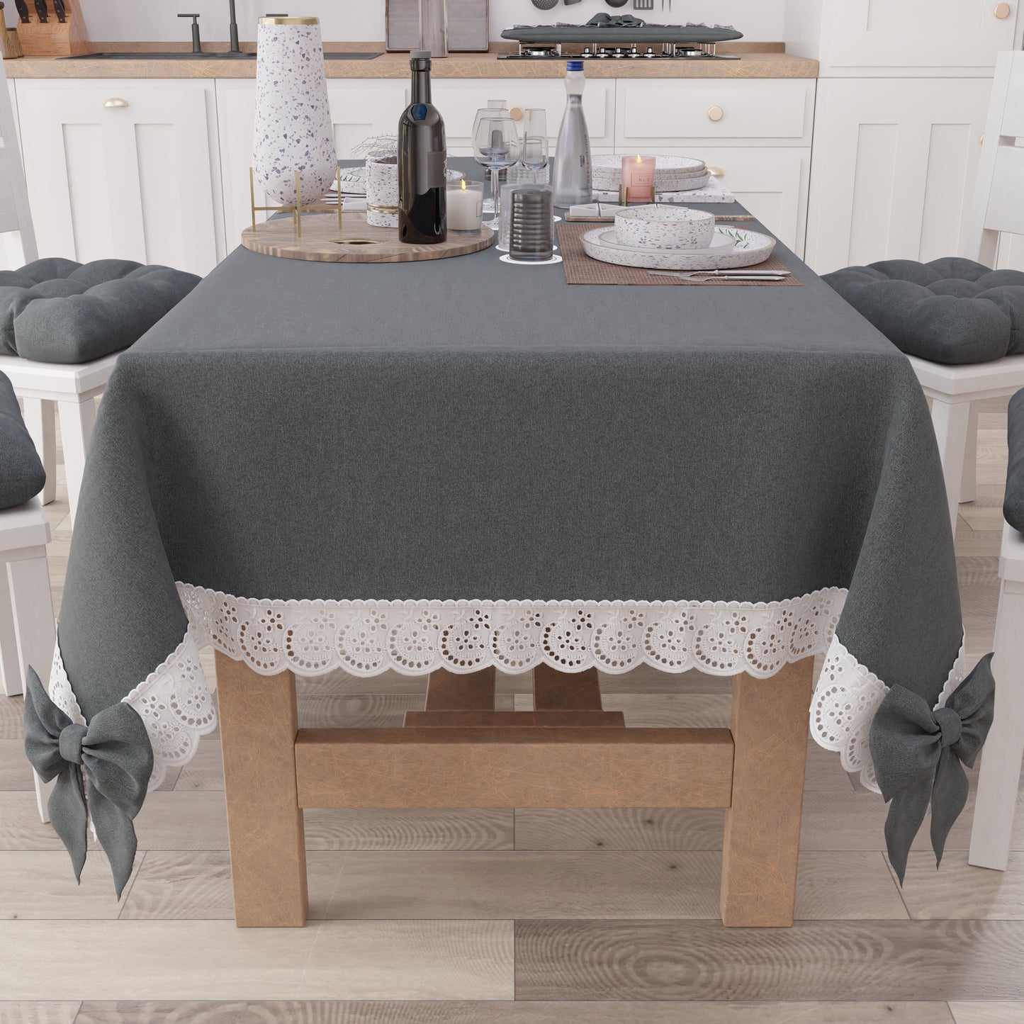 Shabby Chic Tablecloth Table Cover with Lace and Dark Gray Bows