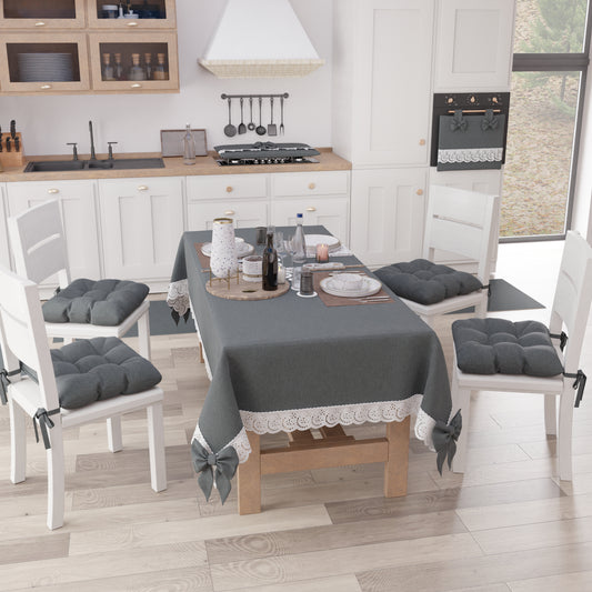 Tovaglia da Tavola Shabby Chic Copritavolo con Pizzo e Fiocchi Grigio Scuro