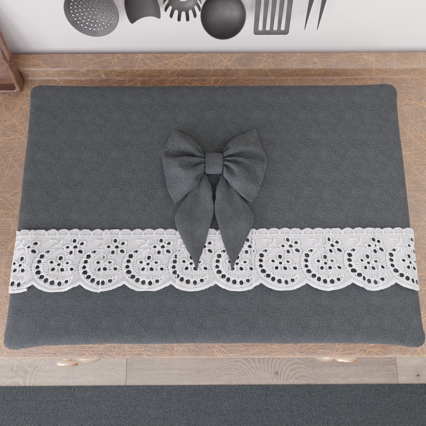 Shabby Chic Stove Cover with Lace and Dark Gray Bow 