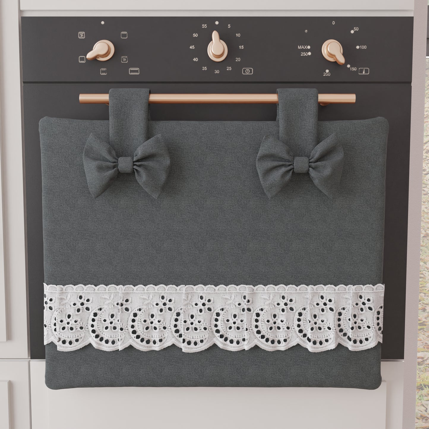 Elegant Shabby Chic Oven Cover with Lace and Dark Gray Bows 
