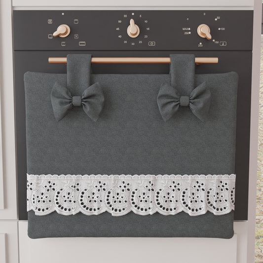 Elegant Shabby Chic Oven Cover with Lace and Dark Gray Bows 