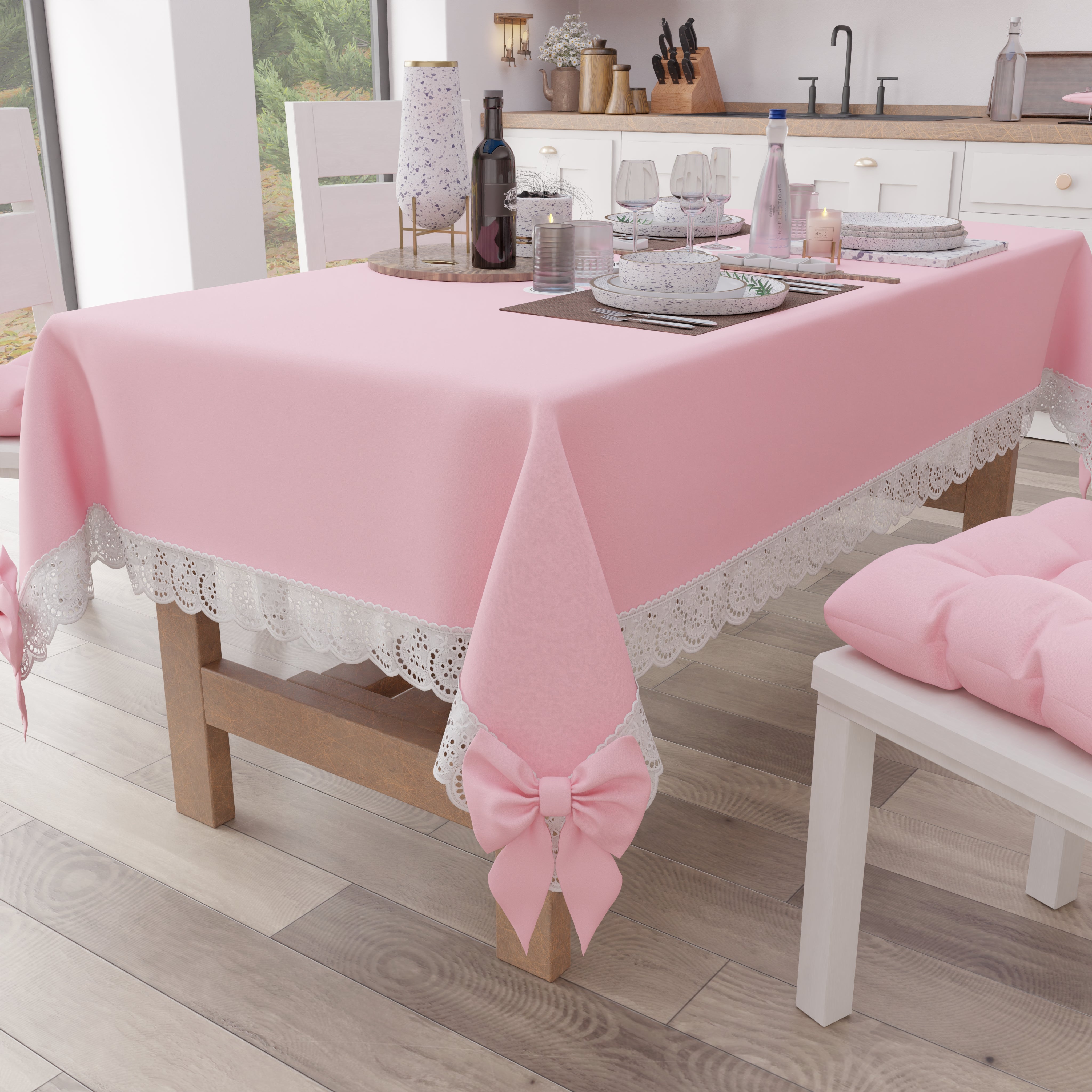 PETTI Tovaglia da Tavola Shabby Chic Copritavolo con Pizzo e Fiocchi Rosa