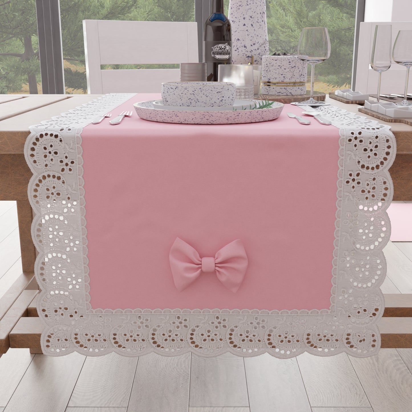 Runner da Tavolo Elegante Shabby Chic con Pizzo e Fiocchi Rosa