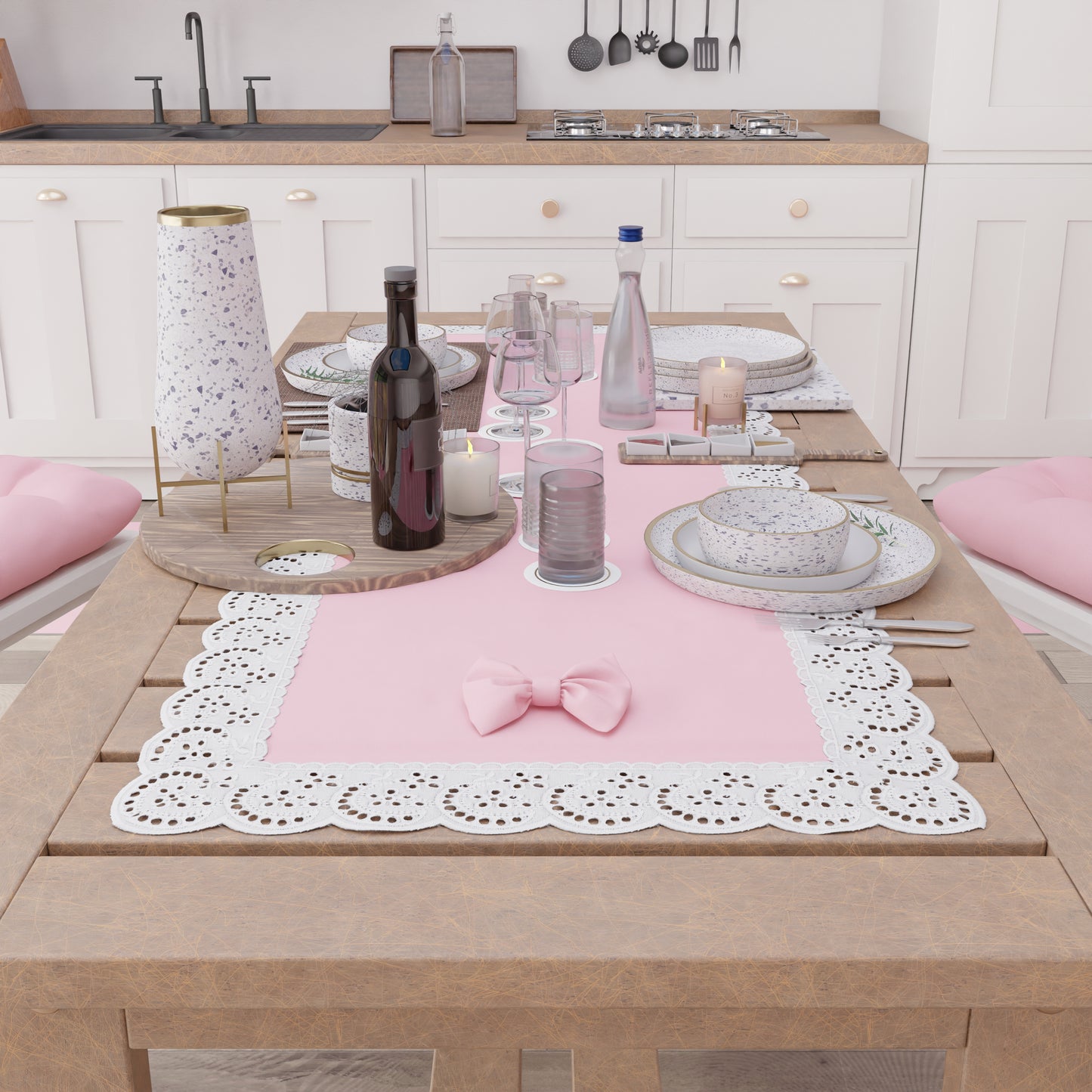 Runner da Tavolo Elegante Shabby Chic con Pizzo e Fiocchi Rosa