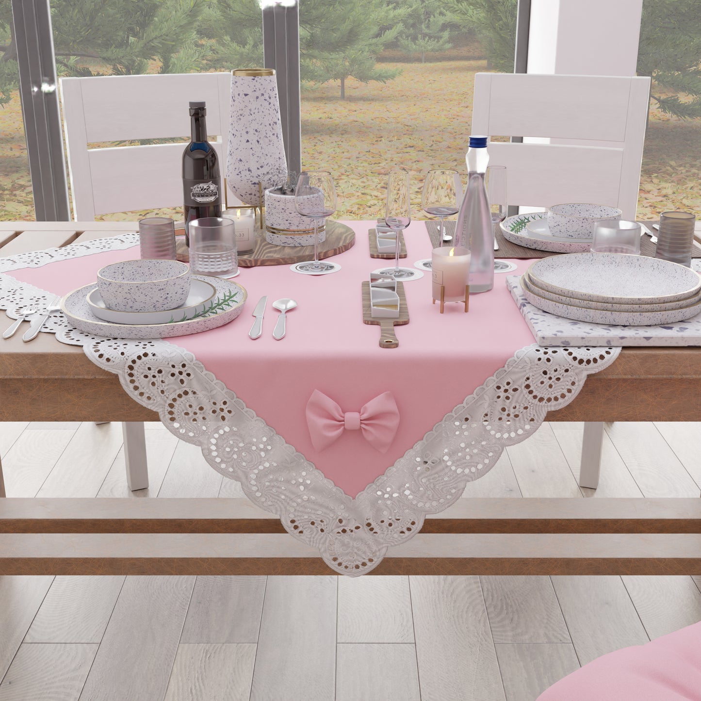 Centrotavola Cucina Elegante Shabby Chic con Pizzo e Fiocchi Rosa