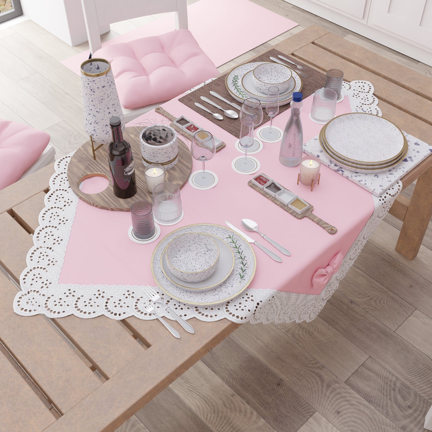 Centrotavola Cucina Elegante Shabby Chic con Pizzo e Fiocchi Rosa