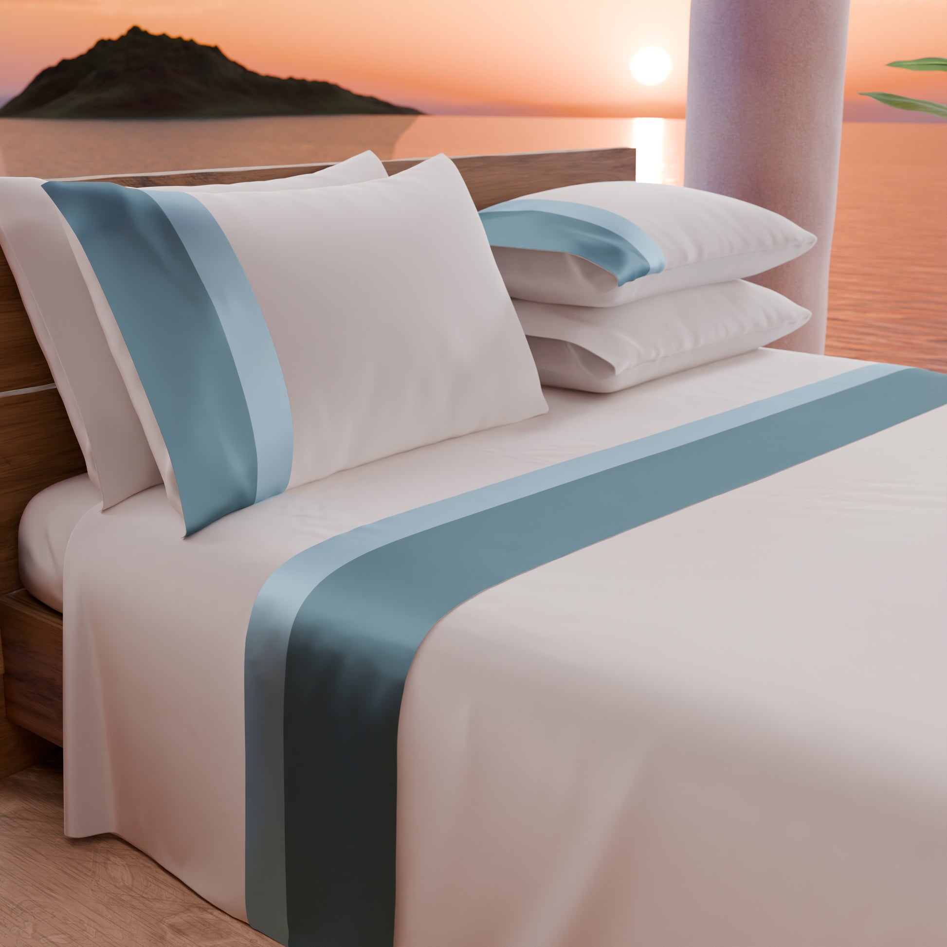 Lenzuola Matrimoniali in Puro Cotone Percalle con Doppia Balza in Raso