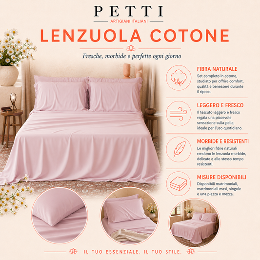 Lenzuola Matrimoniali, Singole, Una Piazza e Mezza, in Cotone, Cipria