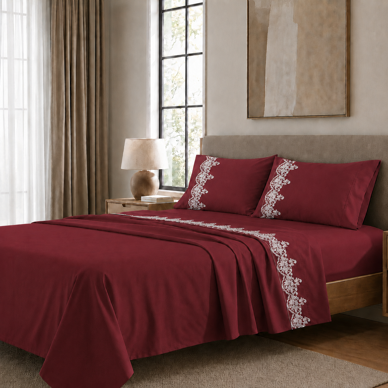 Lenzuola Percalle con Pizzo, Lenzuola Matrimoniali Cotone Bordeaux