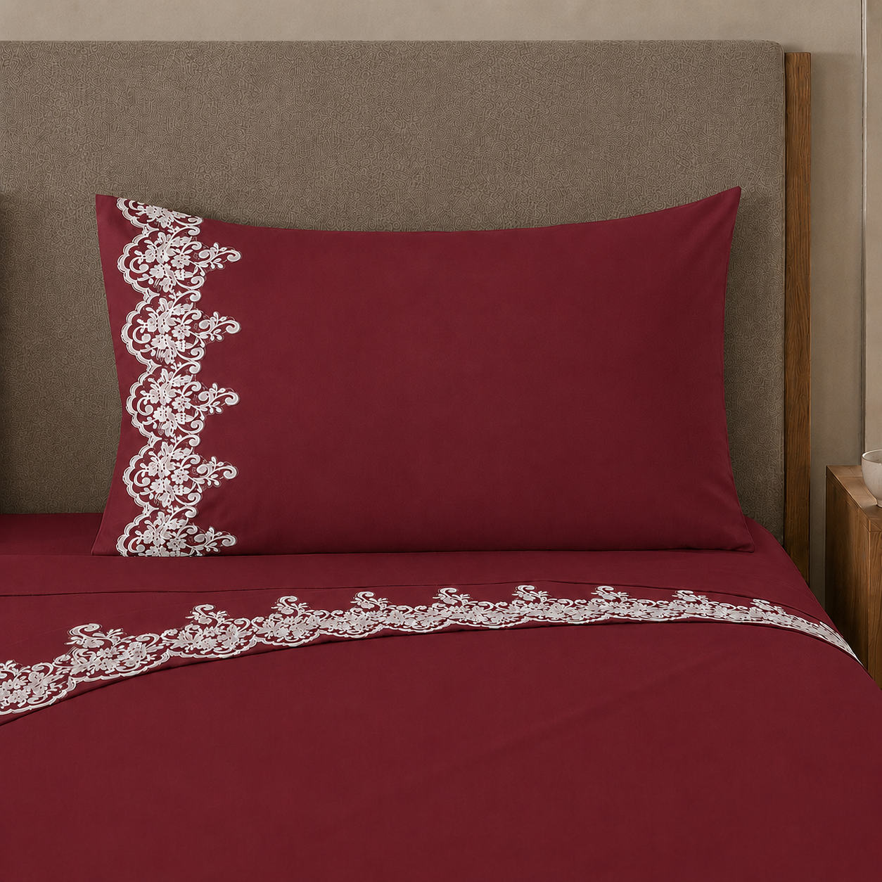 Lenzuola Percalle con Pizzo, Lenzuola Matrimoniali Cotone Bordeaux