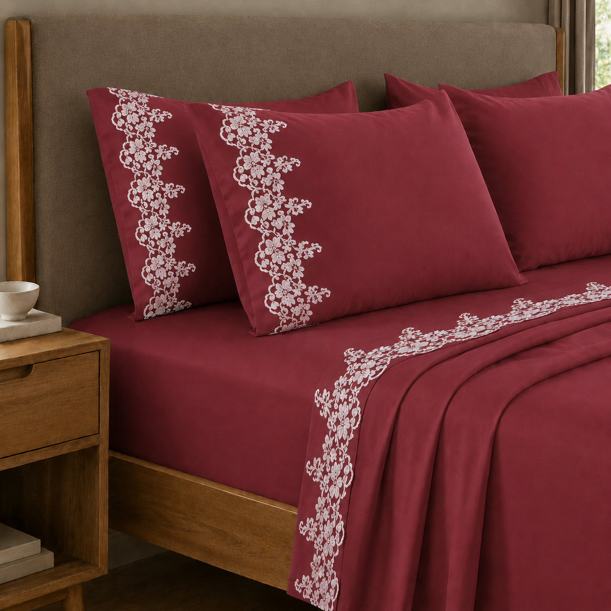 Lenzuola Percalle con Pizzo, Lenzuola Matrimoniali Cotone Bordeaux