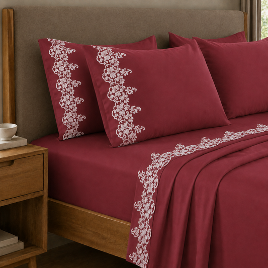 Draps Percale avec Dentelle, Draps Double en Coton Bordeaux